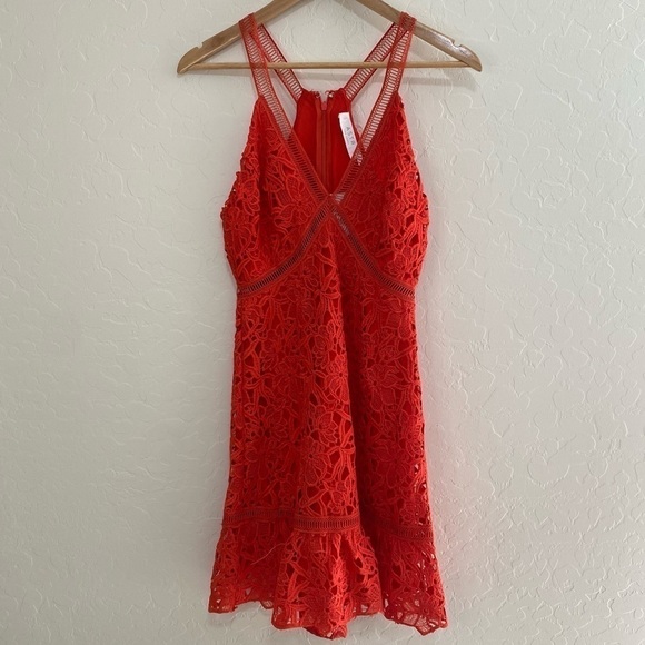 ASTR the Label lattice inset lace romantic cocktail mini red orange dress Size M - Picture 5 of 10
